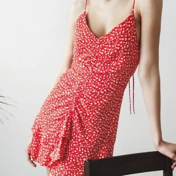 Zara Ruched Open Back Mini Floral Dress red size small - Picture 2 of 12